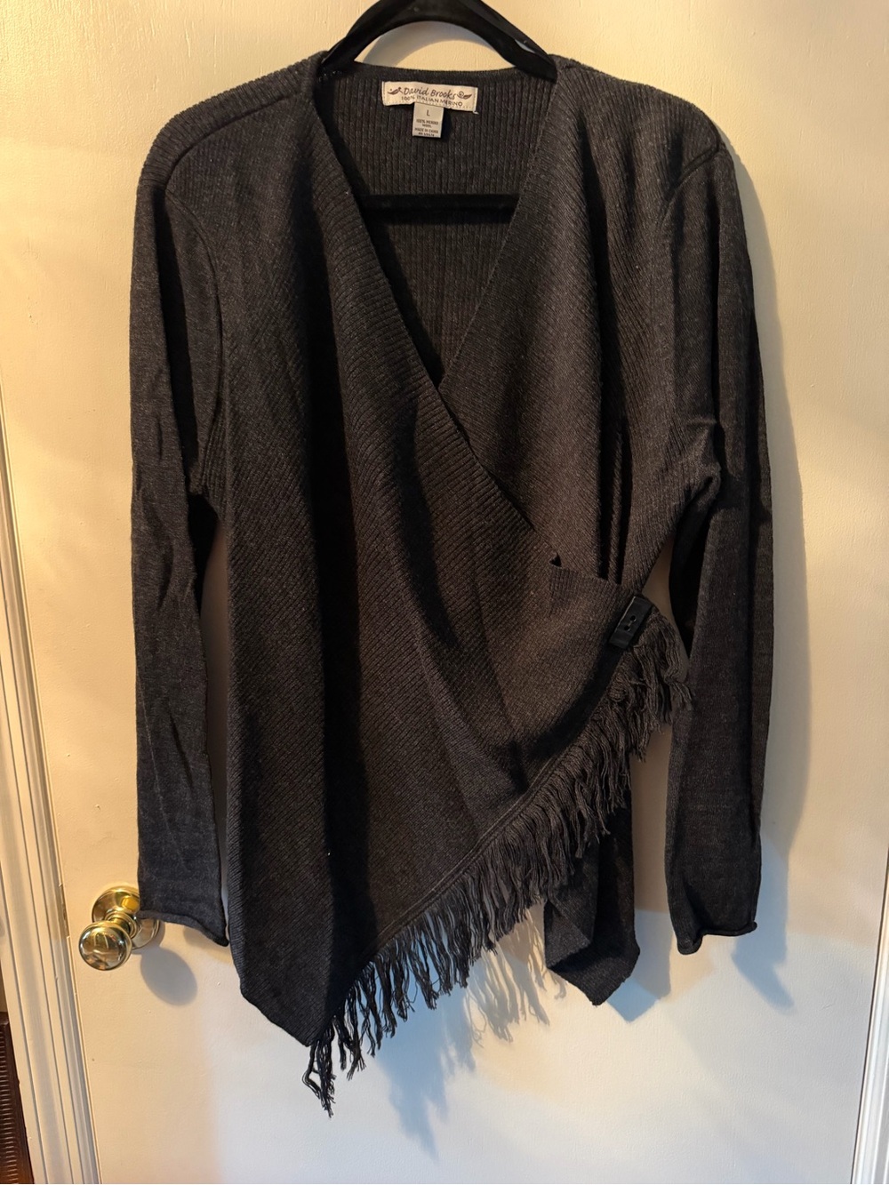 david brooks charcoal wrap sweater with fringe